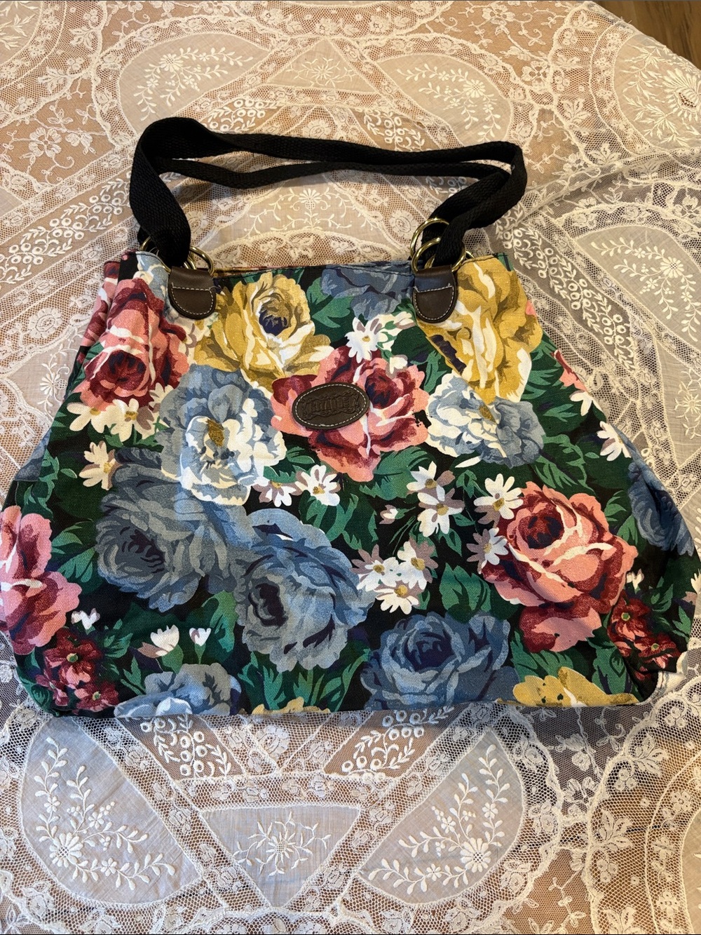 Floral Canvas Tote Bag with Black Straps